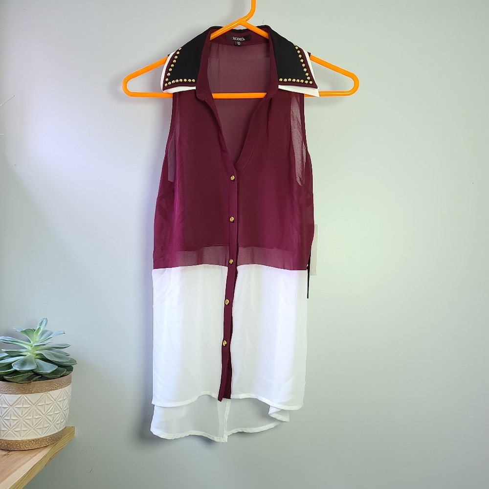 NWT Xoxo Sheer embellished Maroon White Tank Medium